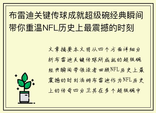 布雷迪关键传球成就超级碗经典瞬间带你重温NFL历史上最震撼的时刻
